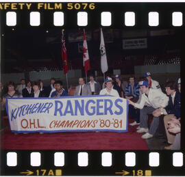 Hockey, Kitchener Rangers, presentation at Kitchener Memorial Auditorium, after game in Windsor