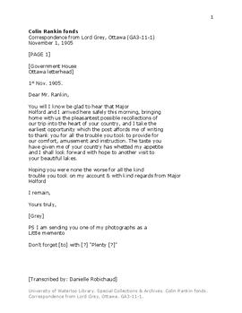 Correspondence from Lord Grey, Ottawa.