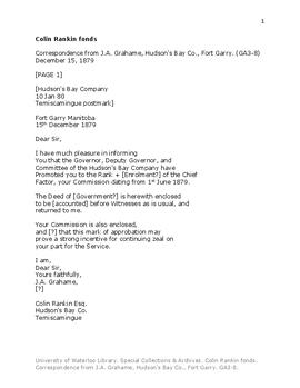 Correspondence from J.A. Grahame, Hudson's Bay Co., Fort Garry.