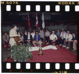 Hockey, Kitchener Rangers, presentation at Kitchener Memorial Auditorium, after game in Windsor