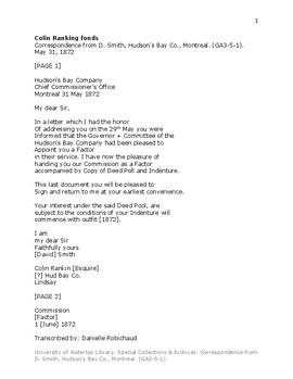 Correspondence from D. Smith, Hudson's Bay Co., Montreal.