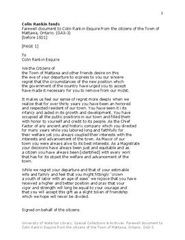 Farewell document to Colin Rankin Esquire from the citizens of the Town of Mattawa, Ontario.