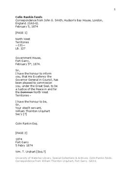 Correspondence from William Thornton Urquhart, Fort Garry.