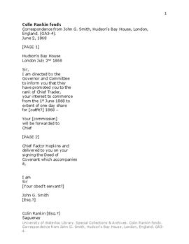 Correspondence from John G. Smith, Hudson's Bay House, London, England.